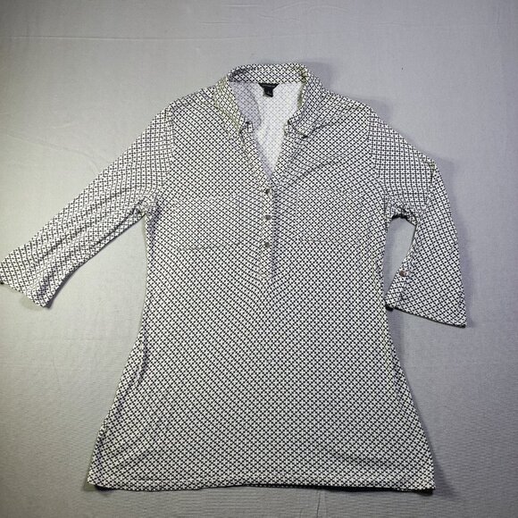 Ann Taylor deep neck blouse women's size S white with black cross pattern - Picture 1 of 9